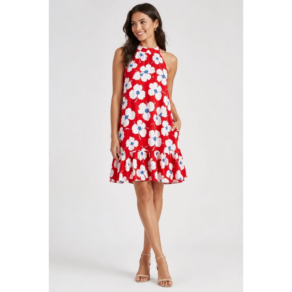 LOFT Outlet Floral Halter Swing Dress XS Petite Red White Blue Ruffle Hem Summer